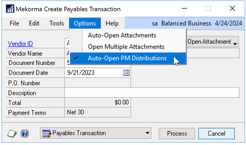 Create Payables Transaction