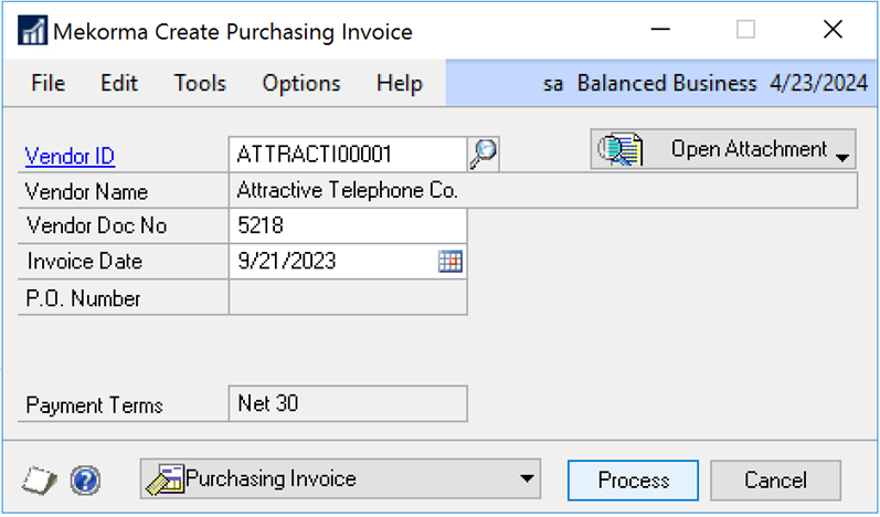 Create Purchasing Invoice