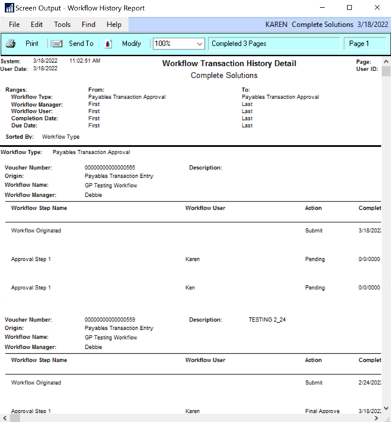 Dynamics GP workflow history report